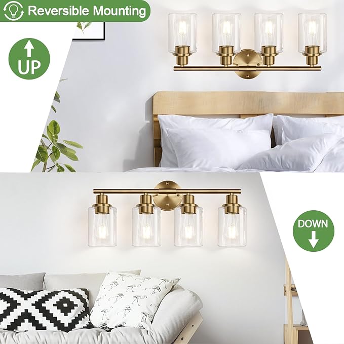 Zarbitta 4-Light Bathroom Light Fixtures, Brushed Brass Modern Vanity Lights with Cyan Glass Shades, Bathroom Wall Lamp for Mirror Kitchen Living Room