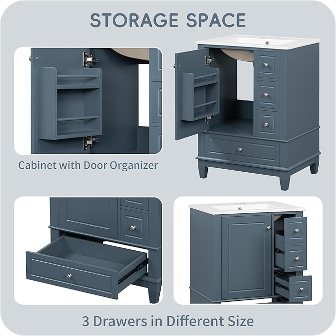 24" Bathroom Vanity with Sink, Harper & Bright Designs Free Standing Single Vanity Set with 3 Drawers and One Door with Storage Racks, Wooden Storage Cabinet with Ceramic Basin for Bathroom, Blue Grey