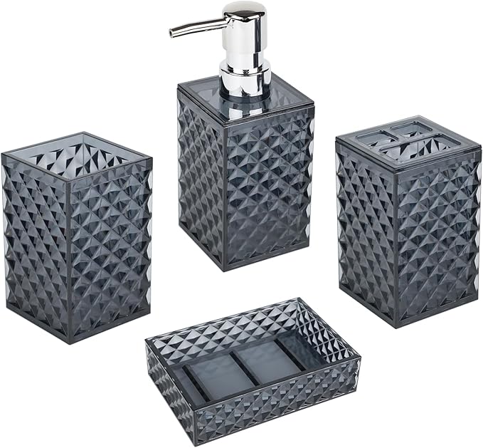 A+KCEYON Blue Bathroom Accessories Set, 4 PCS Dark Navy Blue Bathroom Accessories Sets Complete, Diamond Pattern Bathroom Soap Dispenser and Toothbrush Holder Set, Boho Bathroom Décor and Accessories