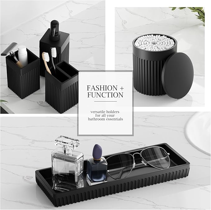 InnJoey 6-Piece Black Bathroom Set - Sleek Resin Organizer with Soap Dispenser, Toothbrush Holder, Vanity Tray, Tumbler & Apothecary Jars for Small Spaces