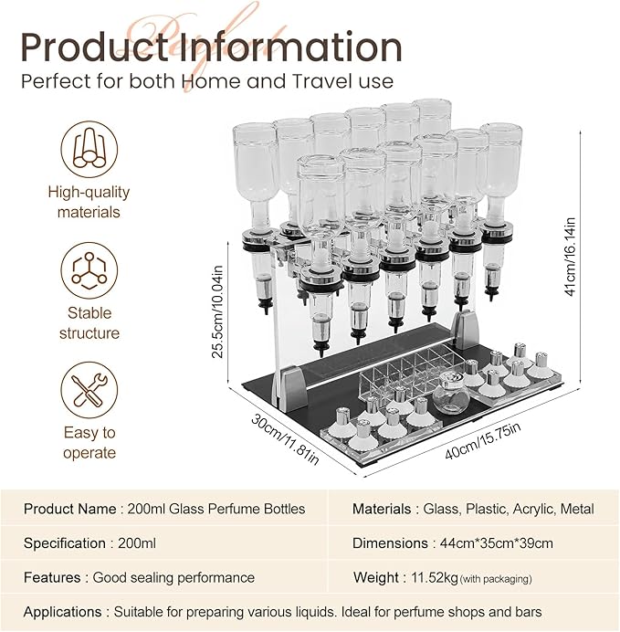 Perfume Dispenser Manual, 12 Bottles Pump Bottle Dispenser, Pump Dispenser Bottle Station Manual Perfume Dispenser Set, Perfume Liquid Filling Machine Transfer Tools for Perfume Store Studio Bar