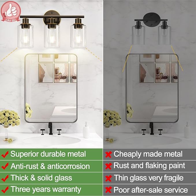 Zarbitta 3-Light Bathroom Light Fixtures, Brown and Gold Bathroom Wall Lights, Modern Vanity Light with Clear Glass Shade, Bathroom Wall Lamp for Mirror Hallway Cabinet