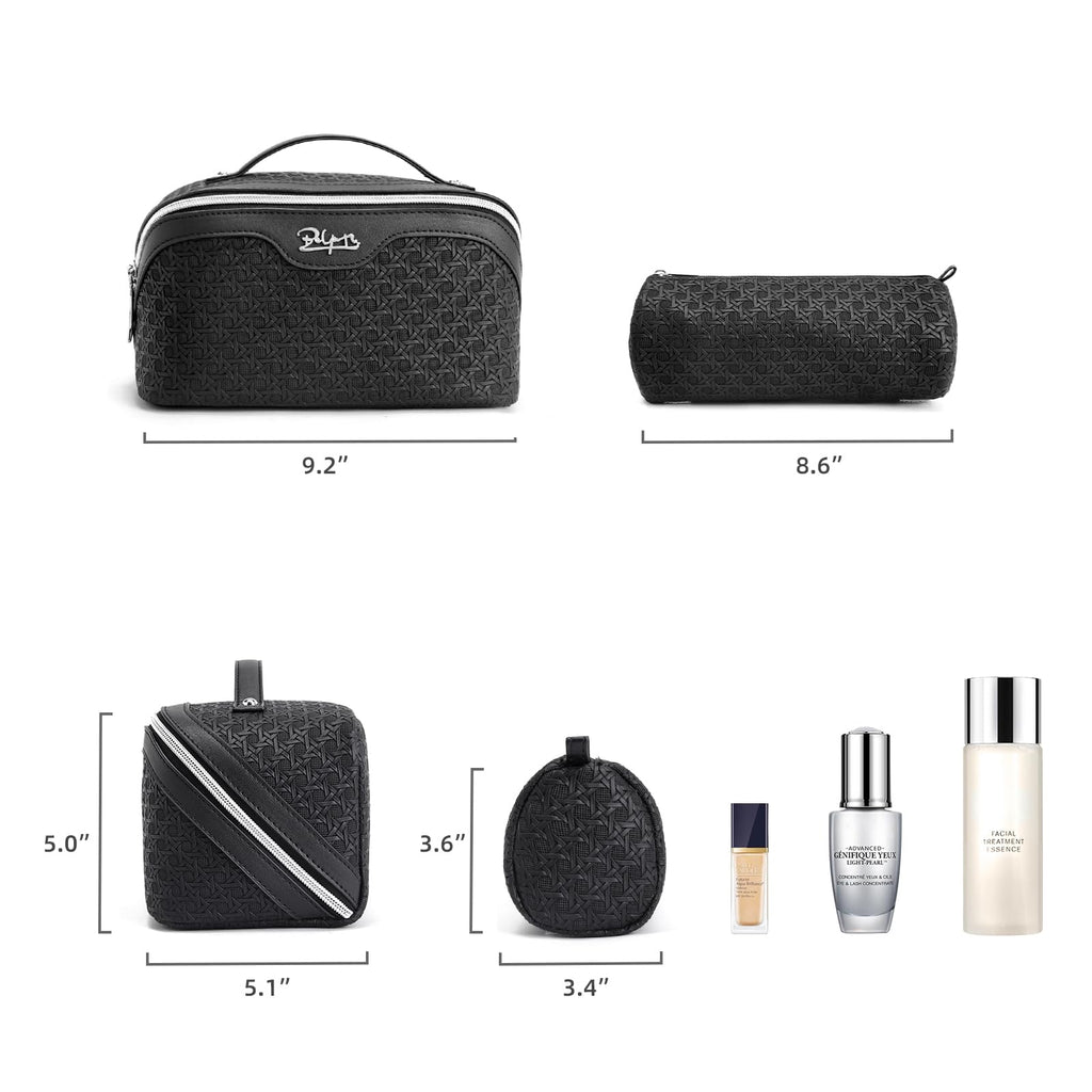 BOYATU Travel Makeup Bag Cosmetic Bags for Women: Large Capacity 3 Pcs Set Make up Bag with Compartments - Waterproof Vegan Leather Toiletry Organizer Bags with Handle (M-71Black)