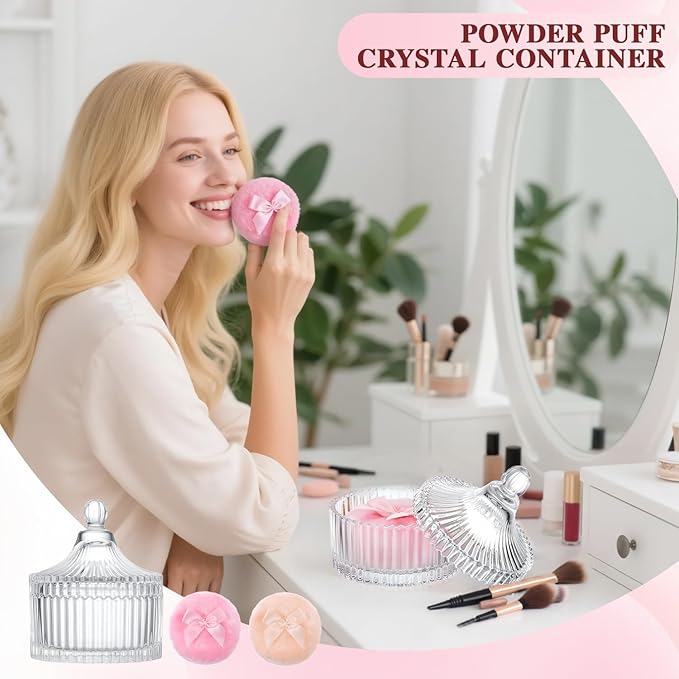 HUGOMOVA 5 Pcs Extra Large Body Powder Puff and Container Set – 5.43" Oversize Crystal Powder Container | 3.54" Ultra-Soft Velour Puff, Washable & Reusable, Ideal for Face (Clear)