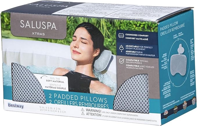 Bestway 2 Pack SaluSpa Padded Headrest Pillows with Adjustable Strap to Adjust Height, Washable Mesh Cover, Compatible with SaluSpa Hot Tubs, Gray
