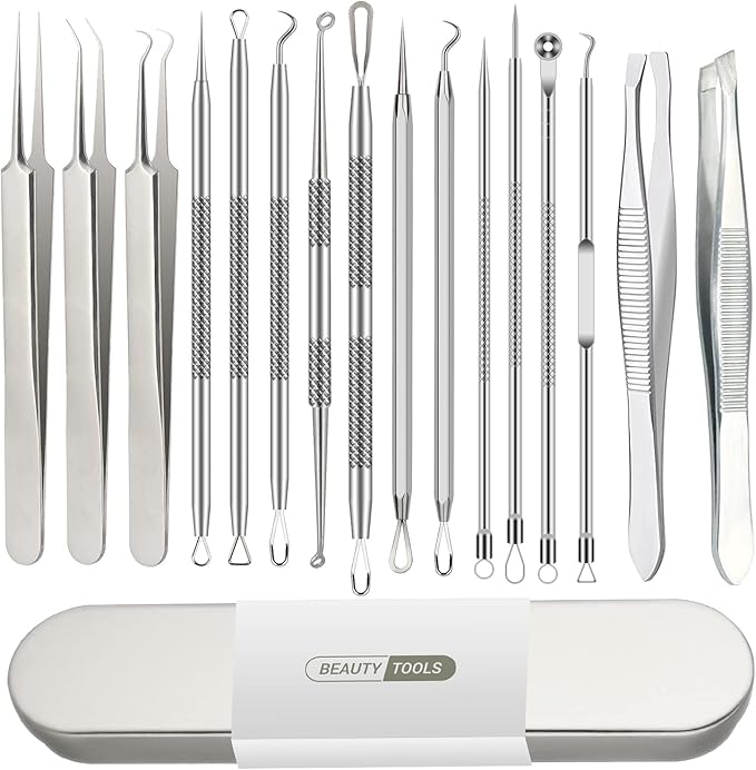 16 Pcs Pimple Popper Tool Kit, Blackhead Remover Tools, Comedone Extractor Whitehead Zit and Cyst Acne Removal Kit, Professional Stainless Steel Tweezers for Eyebrows, Beauty Tools for Face Nose