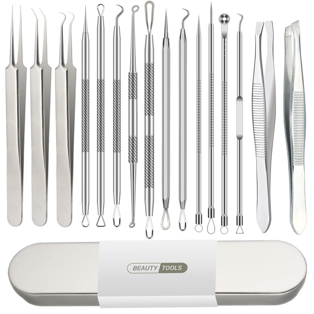 16 Pcs Pimple Popper Tool Kit, Blackhead Remover Tools, Comedone Extractor Whitehead Zit and Cyst Acne Removal Kit, Professional Stainless Steel Tweezers for Eyebrows, Beauty Tools for Face Nose