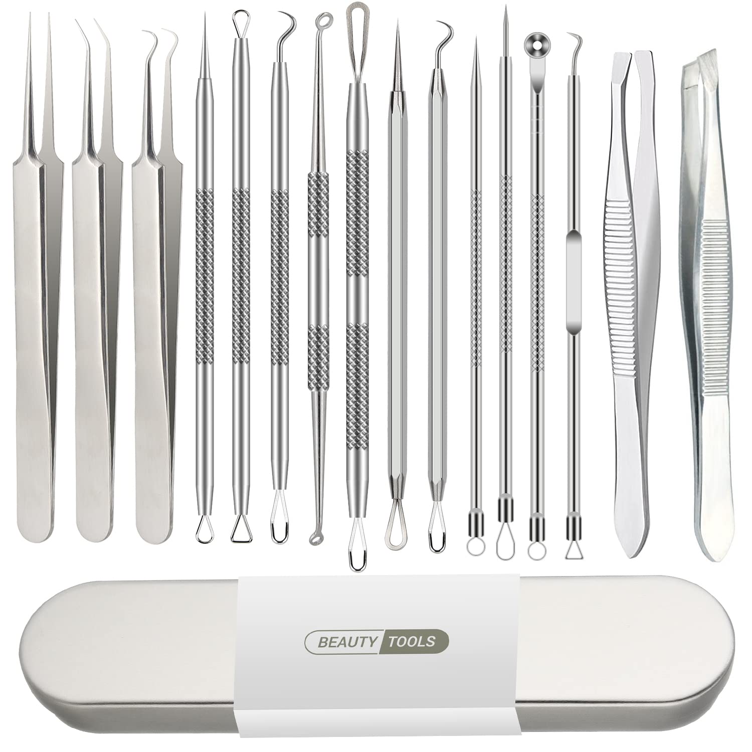 16 Pcs Pimple Popper Tool Kit, Blackhead Remover Tools, Comedone Extractor Whitehead Zit and Cyst Acne Removal Kit, Professional Stainless Steel Tweezers for Eyebrows, Beauty Tools for Face Nose