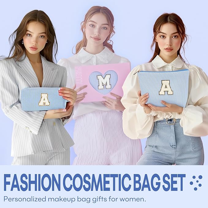 2 PCS Initial Makeup Bags for Women: Cosmetic Bag for Travel Toiletry - Birthday Gifts for 11 12 13 14 15 16 17 18 Years Old Girl Graduation Teacher Gift- Teen Girl Gifts Trendy Stuff - Blue O