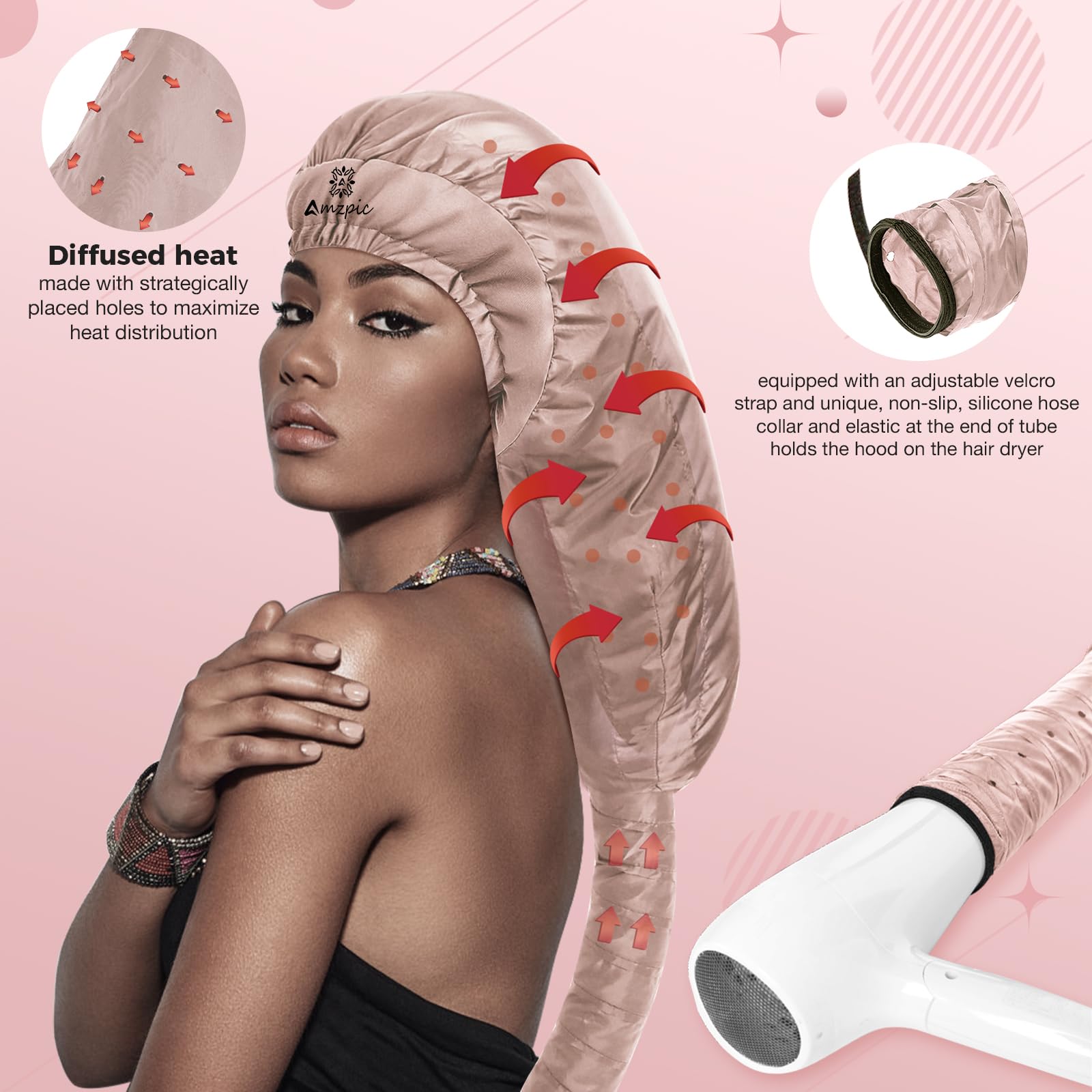 Bonnet Hair Dryer Attachment - Bonnet Hood Dryer with Headband that Reduces Heat Around Ears and Neck, Use for Hair Styling, Hair Drying, Curling and Deep Conditioning (Extended Version, Pink)