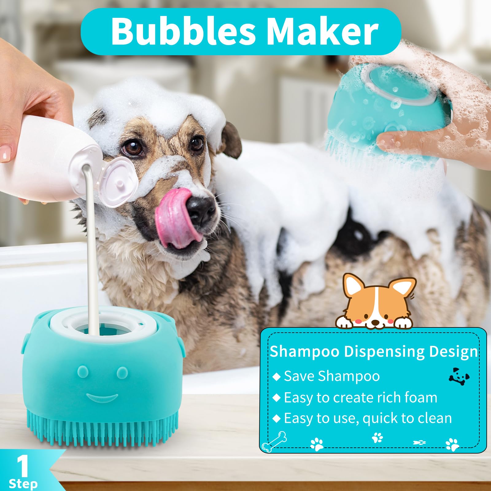 Comotech 3-in-1 Dog Grooming Brush | Adjustable Handle Shampoo Brush & Scrubber for Short & Long Haired Dogs & Cats (Blue Pink Blue)