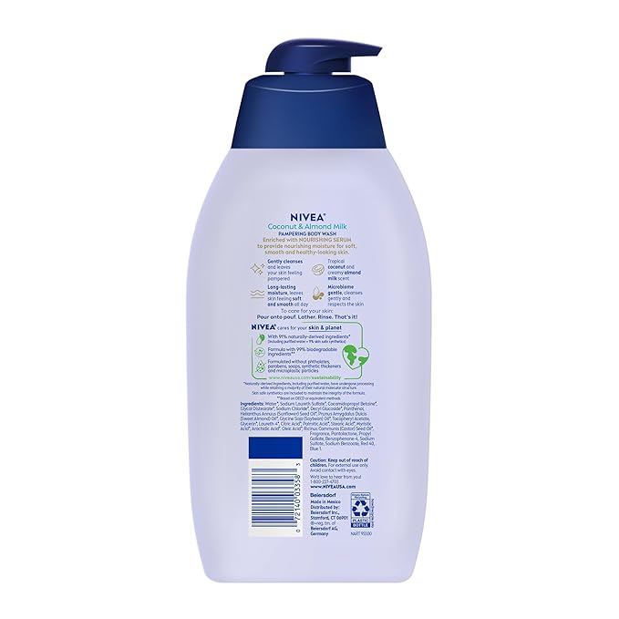 NIVEA Pampering Coconut and Almond Milk Body Wash with Nourishing Serum, Moisturizing Body Wash for Women, Enriched with Provitamin B5 and Vitamin E, 30 Fl Oz Bottle
