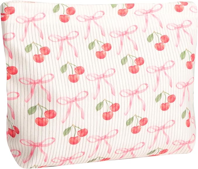 Ksriylm Cute Cherry Makeup Pouch for Women Small Make Up Bag for Purse Zipper Initial Makeup Cosmetic Bags Pouches for Purse Aesthetic Travel Toiletry Bags, Pink Cherries Bows