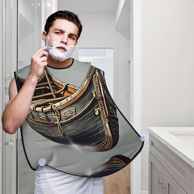 Old Viking Boats Print Beard Bib Apron For Men, Beard Hair Catcher For Men Shaving Trimming,Beard Cape Cloth