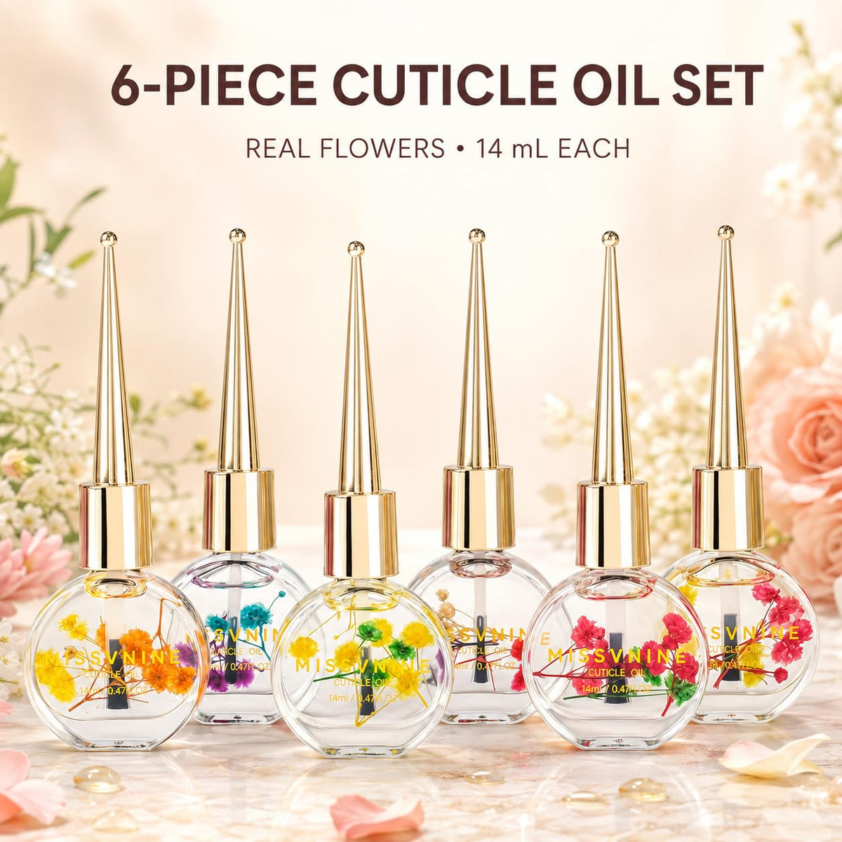 MISSVNINE Cuticle Oil Set for Nails, 6 Floral Nail Oils, 14 mL Each