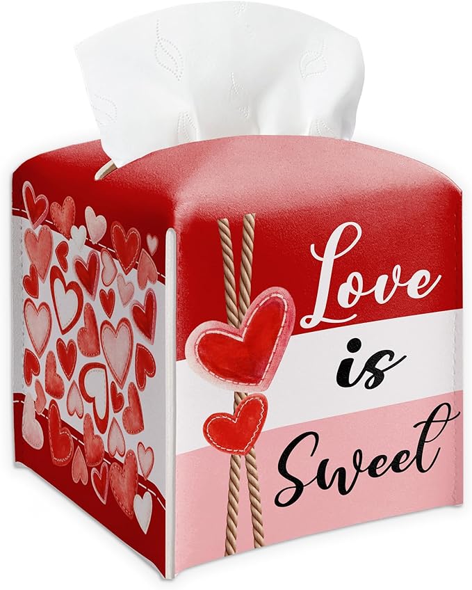 Happy Valentine's Day Red Heart Design Tissue Box Cover - Love Is Sweet PU Leather Waterproof Tissue Holder - Festival Facial Paper Organizer for Home Bathroom Office-Desk Decorative Dispenser Box-B09