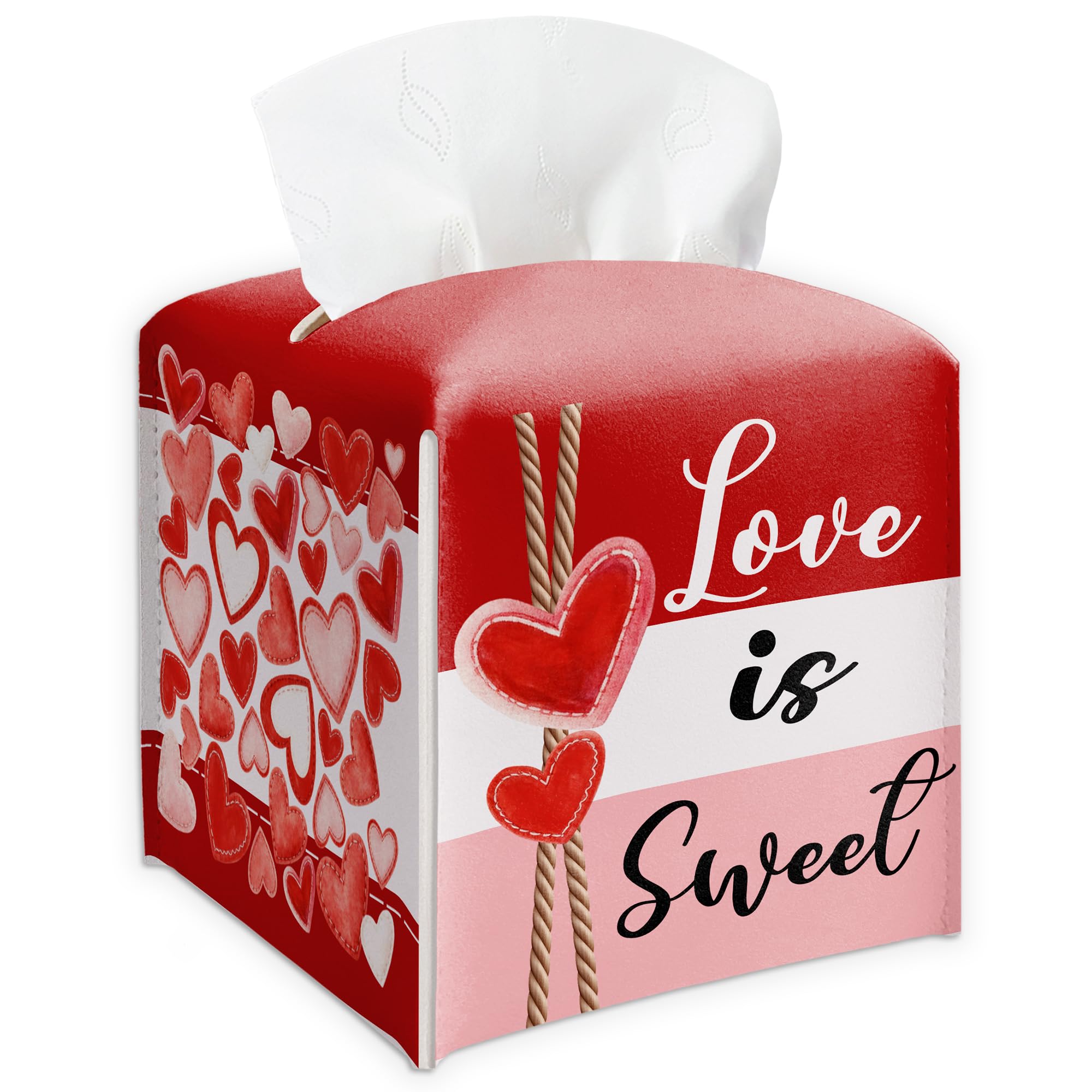 Happy Valentine's Day Red Heart Design Tissue Box Cover - Love Is Sweet PU Leather Waterproof Tissue Holder - Festival Facial Paper Organizer for Home Bathroom Office-Desk Decorative Dispenser Box-B09