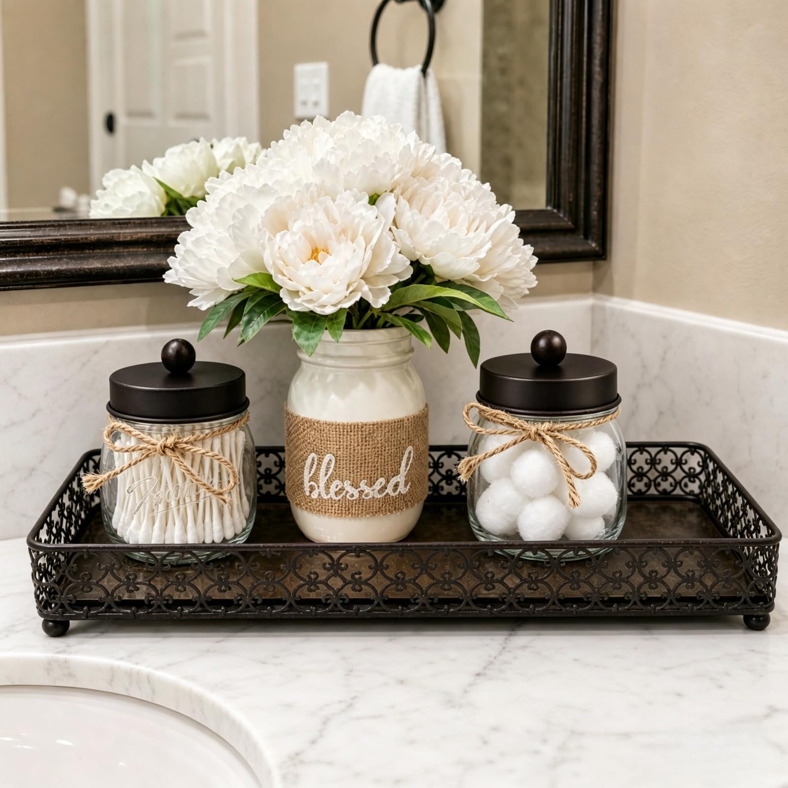 SheeChung 6 Pack Glass Mason Jar Qtip Holder, Bronze Stainless Steel Lids