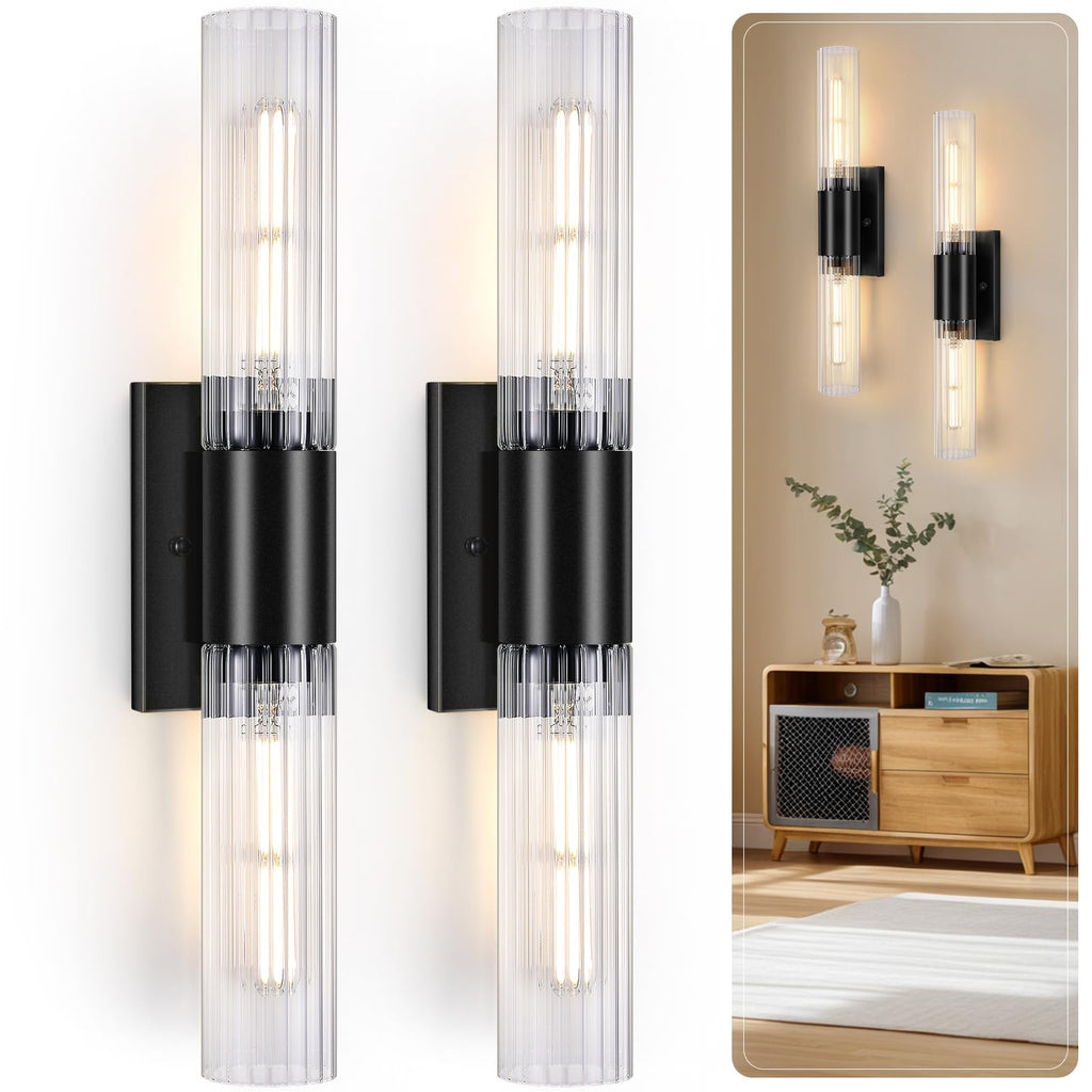 21" Bathroom Vanity Sconces Set of 2, Black Hardwired Wall Sconces Set of Two with Threaded Glass Shade, Modern Up Down Wall Decor Set of 2 for Bathroom Living Room Bedroom Hallway-Bulb Not Included