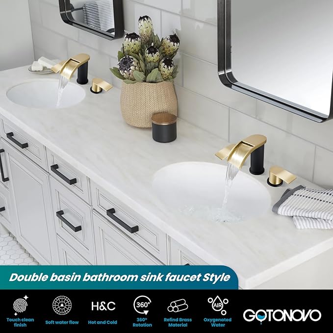 gotonovo Waterfall 8 inch Widespread Bathroom Faucet Set Bathroom Sink Faucet 3 Hole 2 Handle Vanity Lavatory Deck Mount with Pop Up Drain and Water Supply Lines Round Body Gold and Matte Black