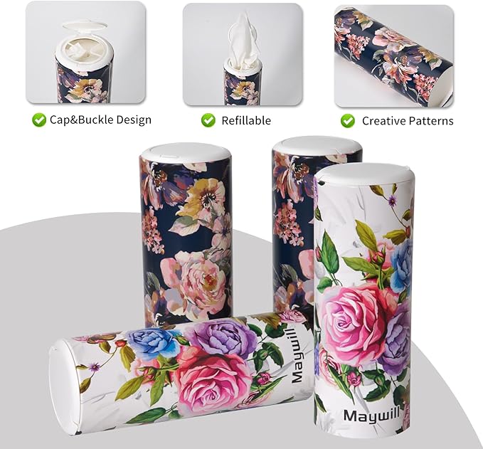 Facial Tissue Cylinder Holder with Cap, Travel Tissue Tubes Box Container, Suitable for Car Cup Holder (4 Pack, 200 Sheets)