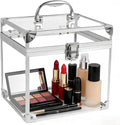 Fizocosisto Makeup Box,Clear Cosmetic Case with Latches and Handle Large Capacity Toiletry Organizer Box Travel Makeup Tools for Vanity Bathroom Counter Dresser(silver)