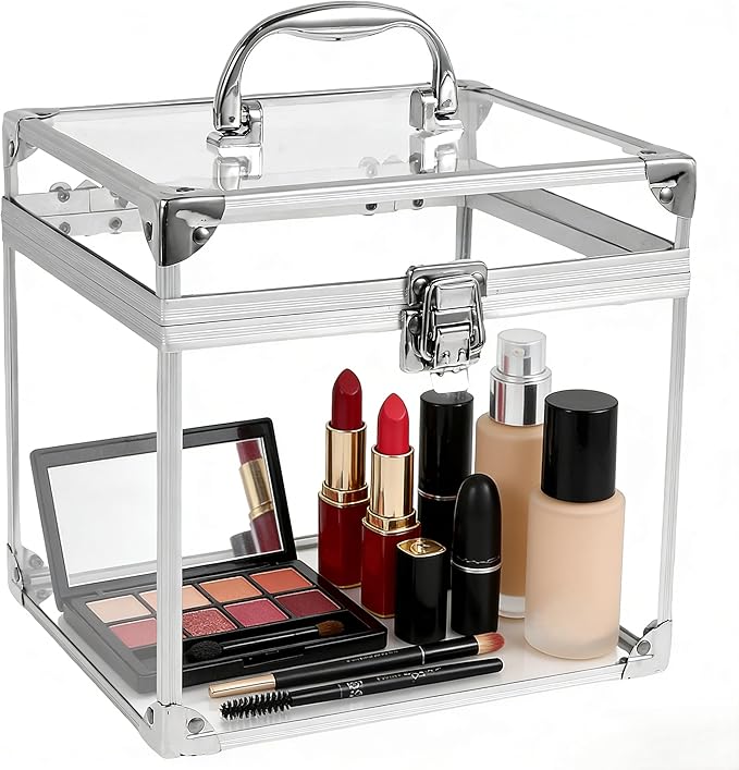 Fizocosisto Makeup Box,Clear Cosmetic Case with Latches and Handle Large Capacity Toiletry Organizer Box Travel Makeup Tools for Vanity Bathroom Counter Dresser(silver)