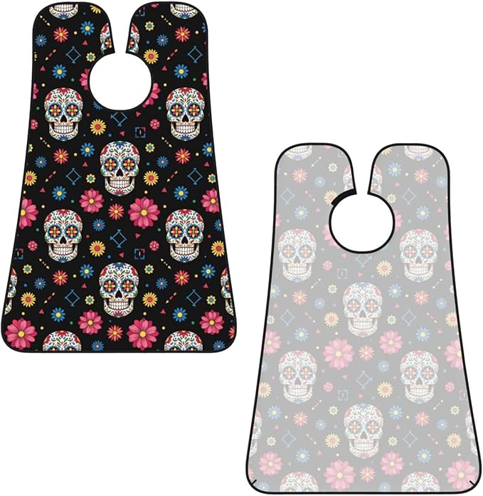 Ultimate Shaving Bib, Beard Trimming Apron with Hair Catcher, Mexican Day of Dead Flower Traditional Sugar Skull