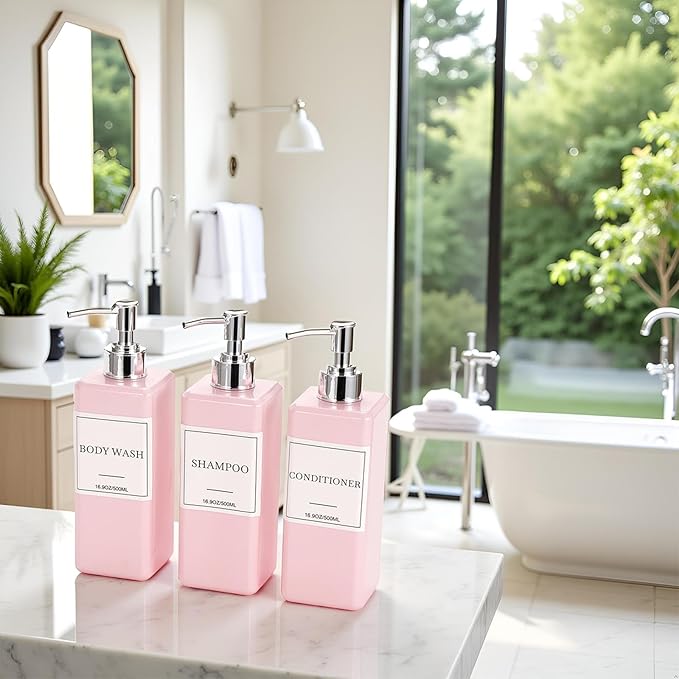 Shampoo and Conditioner Dispenser for Shower, Refillable Shampoo and Conditioner Bottles Body Wash Dispenser with Waterproof Labels, 3PCS 16.9oz Soap Dispenser Bathroom Pink Silver Empty Pump Bottle