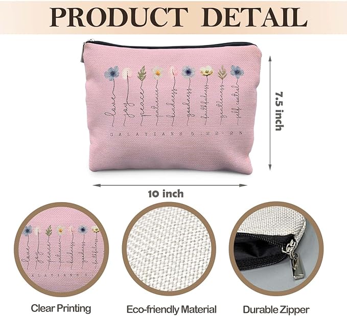 Likjad Christian Gifts Makeup Bag, Floral Christian Cosmetic Bags for Women, Galatians 5:22-23 Bible Verse Makeup Pouch, Faith Based Gifts Zipper Pouch(pink)