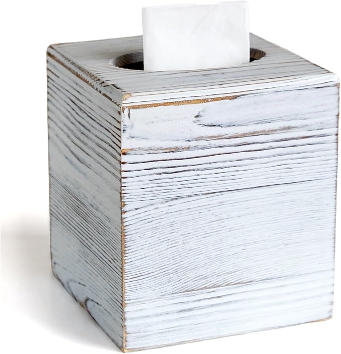 KALEKAIL Wood Tissue Box Cover Square, Rustic White Tissue Box Cover, Decorative Cube Facial Wooden Tissue Box Holder with Slide-Out Bottom for Bathroom, Bedroom, Dinner Table, Office, Kitchen
