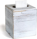 KALEKAIL Wood Tissue Box Cover Square, Rustic White Tissue Box Cover, Decorative Cube Facial Wooden Tissue Box Holder with Slide-Out Bottom for Bathroom, Bedroom, Dinner Table, Office, Kitchen