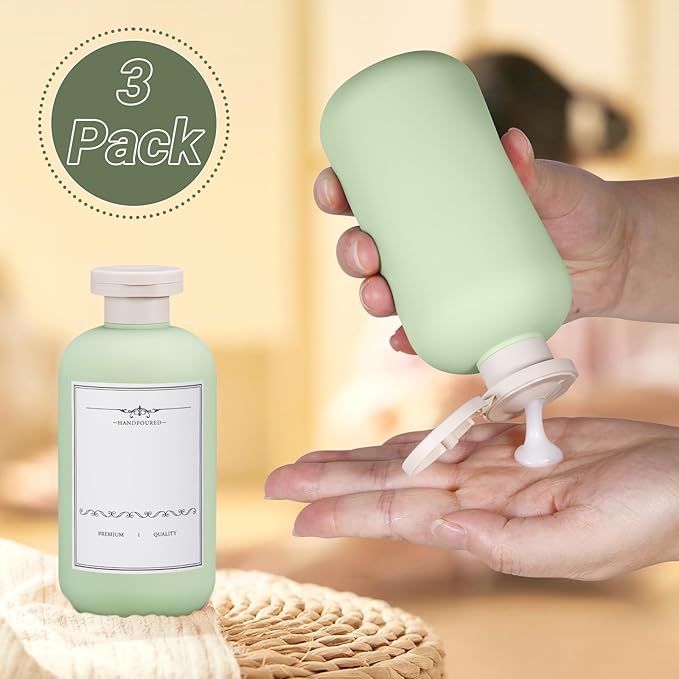 UMETASS 10oz Travel Shampoo Bottle, Empty Plastic Squeeze Bottles with Flip Cap, Lotion Container for Toiletries Travel Size Shampoo and Conditioner (3 pack green)