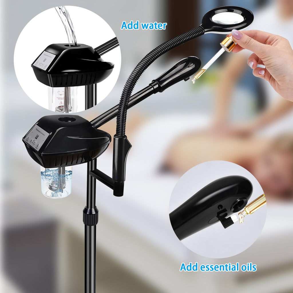Professional Facial Steamer on Wheels, 2-in-1 Facial Steamers with 5X Magnifying Lamp, Facial Steamer for Facial Deep Cleaning and Hydration, Facial Humidifier for Spa, Salon and at Home Use