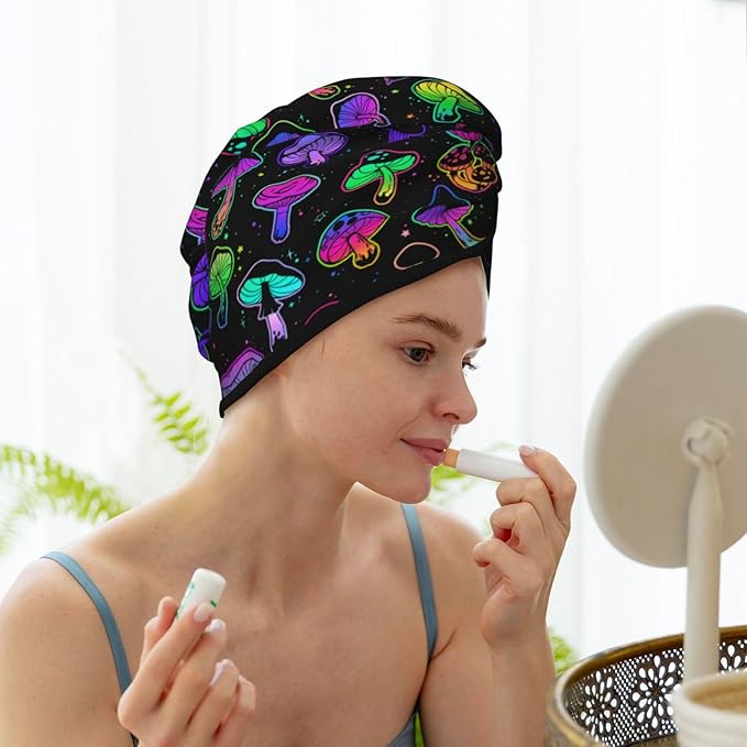 Mushrooms Hair Towel Wrap Microfiber Fast Drying Hair Turban with Buttons for Women Drying Curly, Long & Thick Hair
