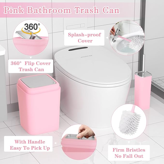 XLHOMO Bathroom Set, 9PC Bathroom Accessory Set, Pink Bathroom Accessories, Pink Bathroom Set, Trash Can, Soap Dispenser for Home Decor