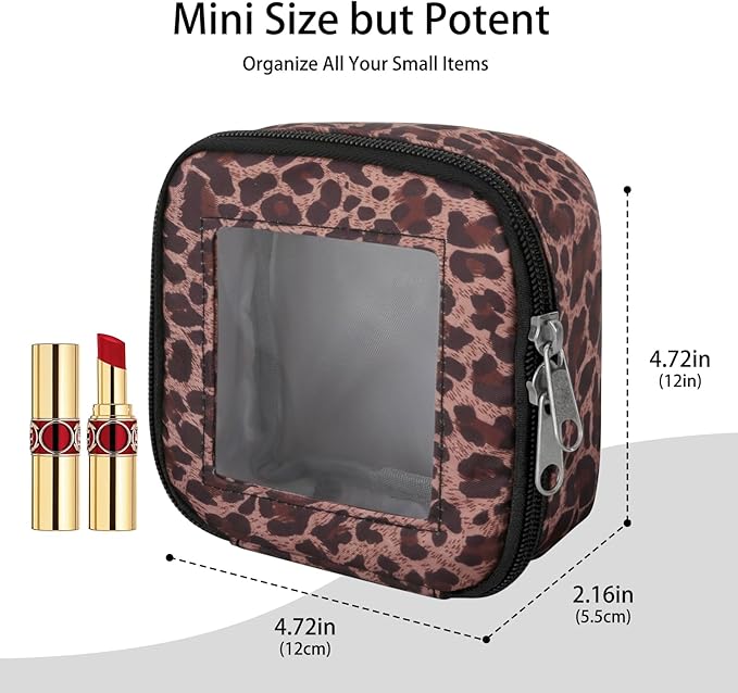 DOB SECHS Mini Leopard Makeup Bag for Purse 5.1'' x 5.1'' Small Makeup Bag for Car Cute Clear Cosmetic Bags with Zipper, Tiny Toiletry Bag Lipstick Organizer Pouch Case Travel Essentials Storage Pouch
