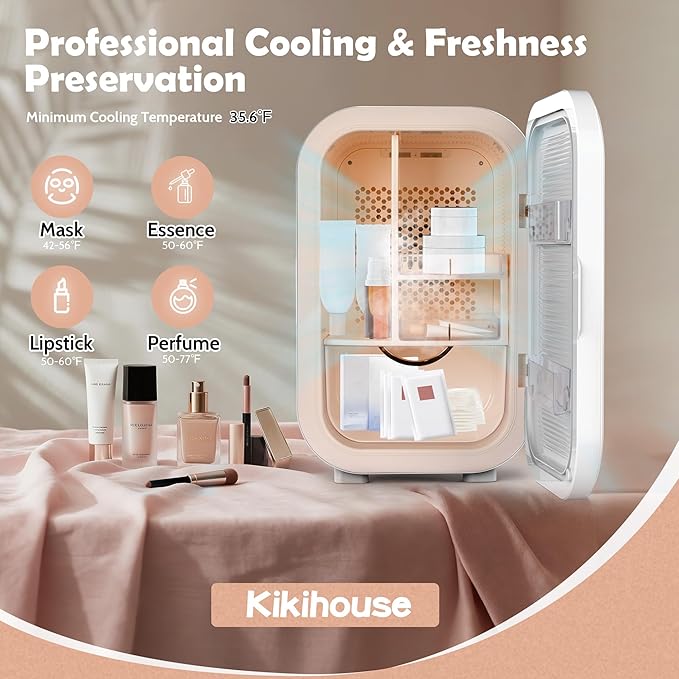 Kikihouse 22L Mini Skincare Fridge, Beauty Fridge for Cosmetic Storage, 44°F Intelligent Temperature Control, Personal Small Makeup Refrigerator for Bedroom, Dorm
