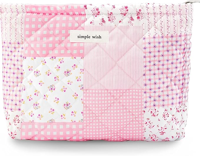 Sminra Quilted Floral Makeup Bag for Women, Cotton Cosmetic Pouch with Zipper, Slim Travel Toiletry Organizer for Makeup, Skincare and Daily Essentials Organizer (Pink Floral-L)