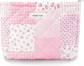Sminra Quilted Floral Makeup Bag for Women, Cotton Cosmetic Pouch with Zipper, Slim Travel Toiletry Organizer for Makeup, Skincare and Daily Essentials Organizer (Pink Floral-L)