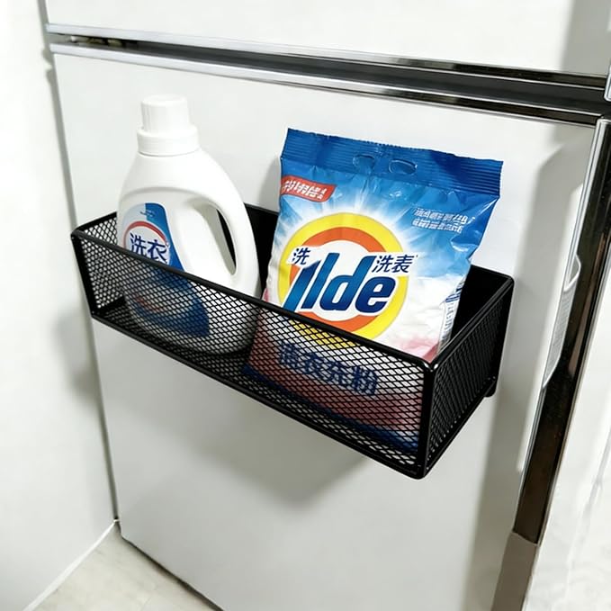 Magnetic Basket Organizer Holder for Fridge，Magnetic Shelf for Washing Machine， Magnetic Mesh Basket, Black Rectangular Steel Shelf Organizer, 10.43 x 4.92 x 3.15 Inches (Black , 2pack)