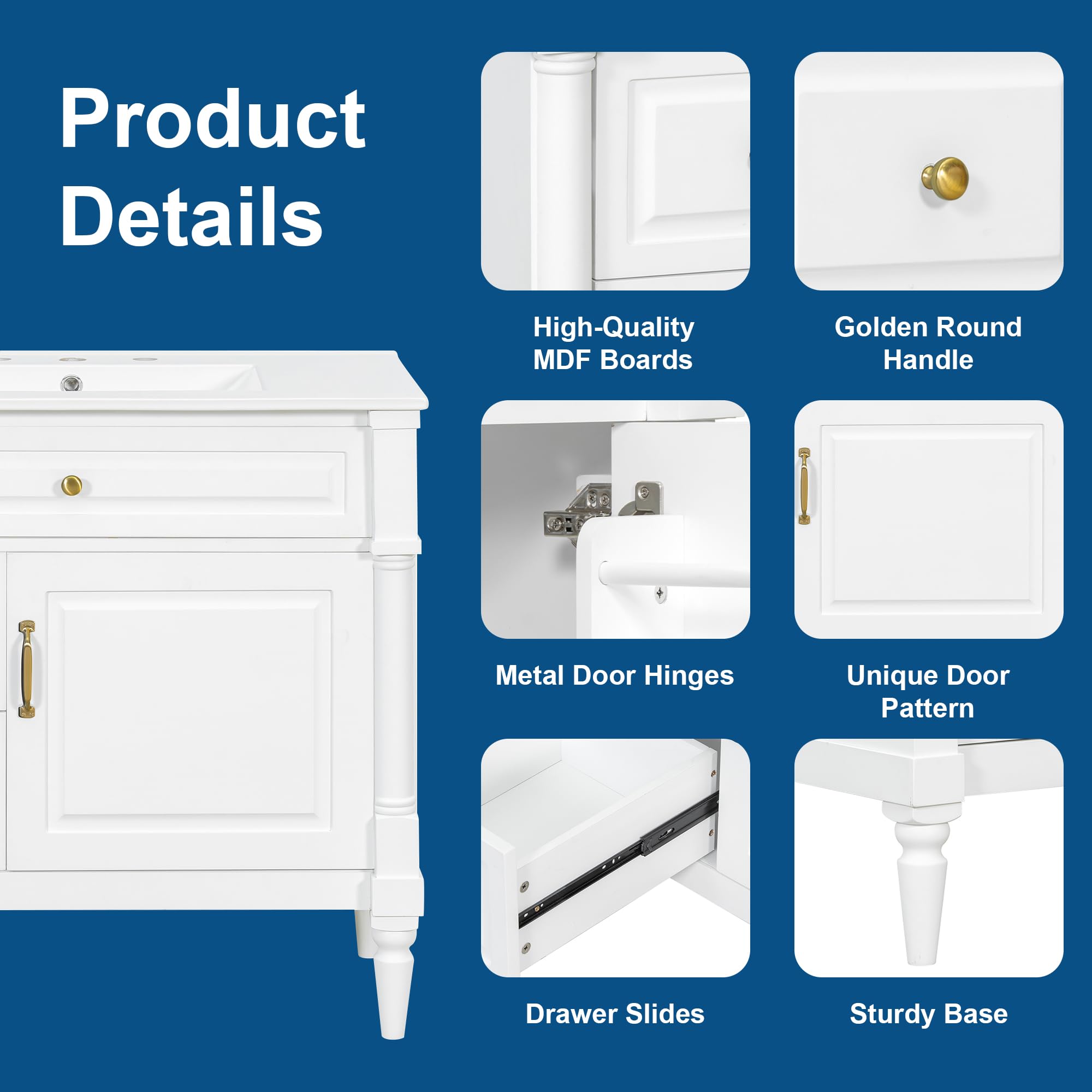 Harper & Bright Designs 36" Bathroom Vanity with Sink, Free Standing Bathroom Vanity Set with Flip Drawer, 2 Drawers, and Adjustable Shelf, Wood Storage Cabinet with Ceramic Basin for Bathroom, White