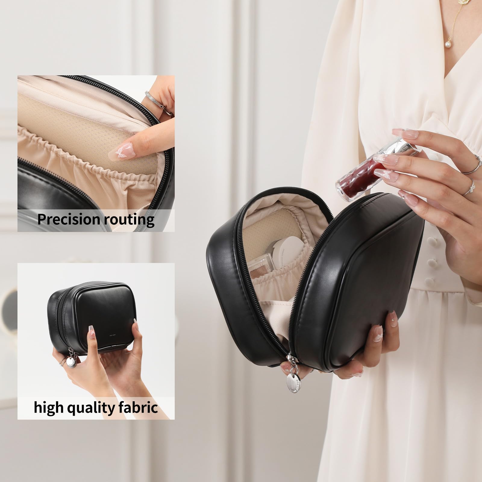 RIGHT AWAY Small Makeup Bag for Purse,Travel Cosmetic Bag Organizer for Women,Cute Make Up Pouch Waterproof Toiletry Bag with Zipper,Portable Makeup Case Skincare Bag for Travel Accessories(Black)