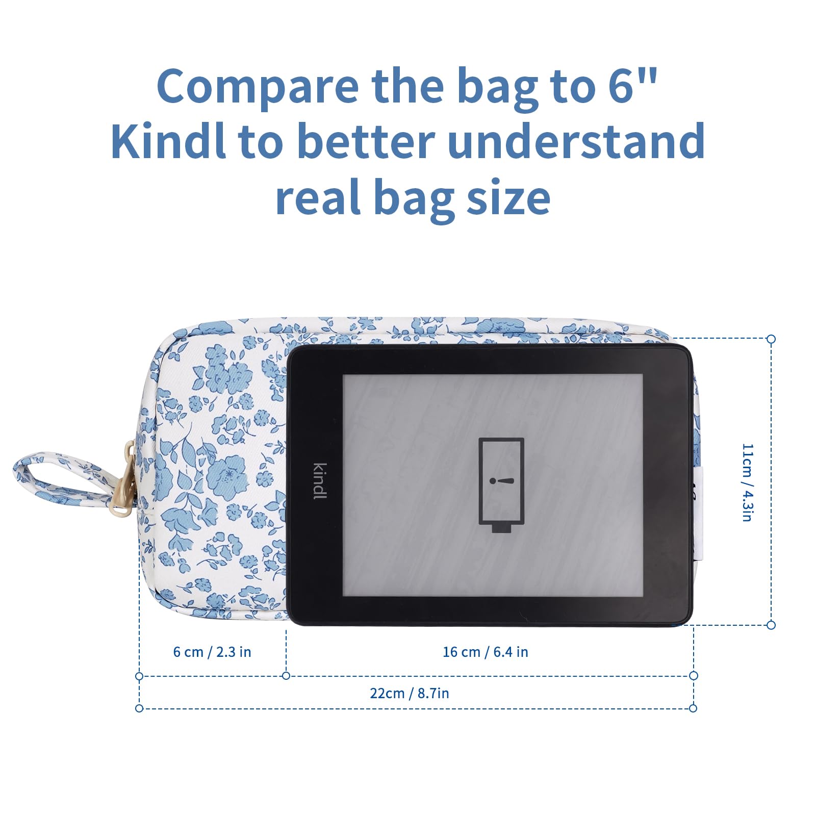 Narwey Cute Makeup Bag Small Toiletry Bag Travel Cosmetic Bag Organizer Make Up Bags with Organized Pockets for Women (Blue Flower, Large)