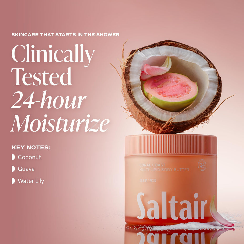 Saltair Multi-Lipid Body Butter – Hydrating 24-Hour Moisture – Body Cream for Soft Skin & Barrier Support – Ceramides, Coconut Oil & Shea Butter for Dry Skin Care – Coral Coast, 10oz