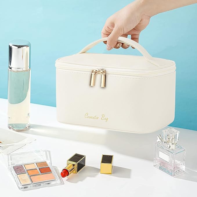 Meiyuuo Travel Makeup Bag for Women, PU Leather Cosmetic Bag, Beige