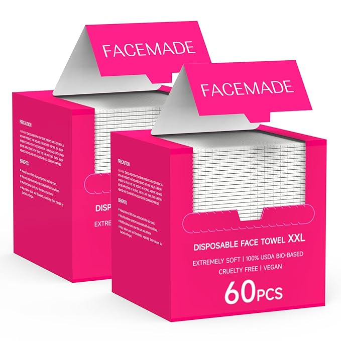 FACEMADE 120 Count XXL Disposable Face Towels 12" × 12", 100% USDA Biobased Face Towelettes Disposable, Clean Facial Towels for Makeup and Clean Skin, Super Soft and Thick Dry Wipes Club