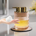 CICUFY Refillable Glass Foam Soap or Lotion Dispenser for Kitchen and Bathroom with Large Gold Pump (Striped Pattern-Pink)