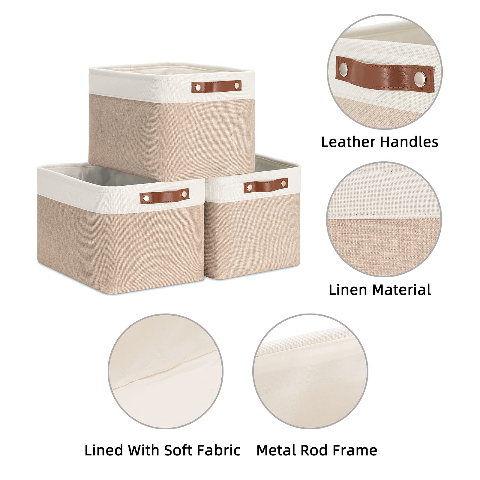 HNZIGE Fabric Storage Baskets for Shelves, Large Collapsible Storage Baskets for Organizing, Decorative Baskets Bins Set with Handles for Closet, Clothes,Home (3 Pack, White&Khaki,15" x 11" x 9.5")