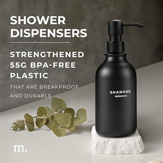 Shampoo and Conditioner Bottles Set of 3 Black – Shower Shampoo Dispenser – Hotel Style Bathroom Upgrade by MaisoNovo